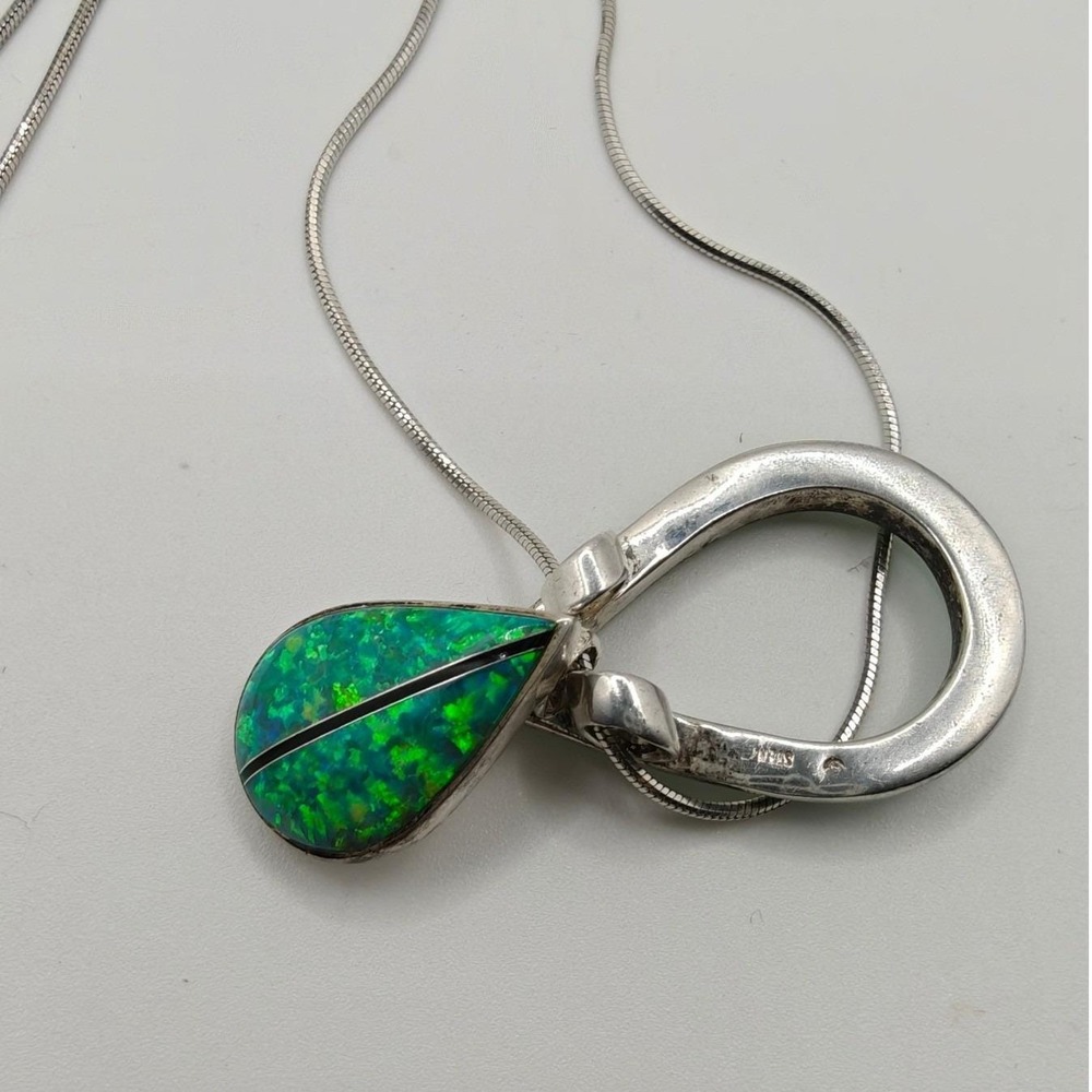 Sterling Silver Green Opal Inlay Teardrop Pendant Necklace Southwest Style 18.5" - Picture 8 of 9